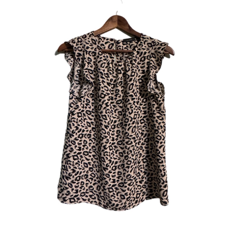 Halogen Leopard Ruffle Blouse Womens XS Tan Black Excellent Sleeveless Top
